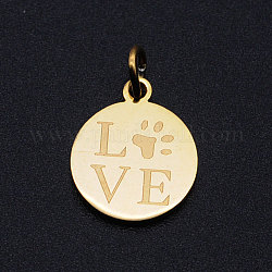 201 Stainless Steel Pet Charms, with Jump Rings, Flat Round with Dog Paw Prints & Word Love, Golden, 14.5x12x1mm, Hole: 3mm