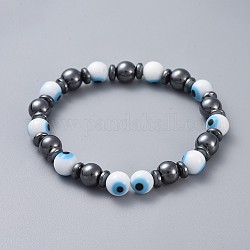 Perles de lampwork fait main mauvais oeil bracelets stretch, avec des non-magnétiques perles synthétiques d'hématite, ronde, blanc, 2-1/4 pouce (5.8 cm)