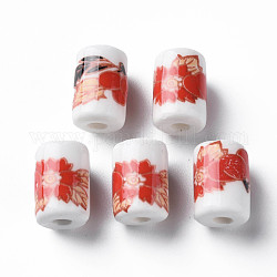 手作りの陶器ビーズ  ファミーユスタイルバラ  花柄を持つ列  レッドオレンジ  12.5x8.5mm  穴：3mm