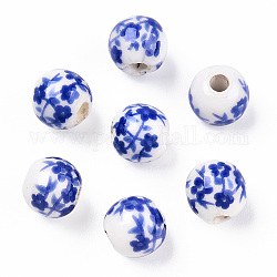 Abalorios de porcelana hechas a mano, porcelana azul y blanca, redondo con flor, azul, 6mm, agujero: 1.6 mm
