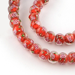 Handmade Rondelle Gold Sand Inner Flower Lampwork Beads, Red, 10~11x8mm, Hole: 1.5~2mm