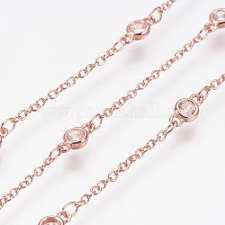 Handmade Brass Cubic Zirconia Chains, Soldered, Long-Lasting Plated, Real Rose Gold Plated, 8x4x2mm