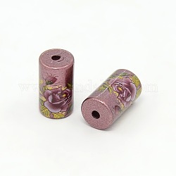 Flower Printed Spray Painted Acrylic Column Beads, Old Rose, 16x9mm, Hole: 2mm