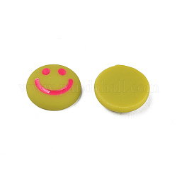 Cabochons en émail acrylique, plat rond avec motif de visage souriant, kaki foncé, 20x6.5mm