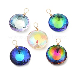 Glass Pendants, with Light Gold Brass Loops, Faceted, Flat Round Charms, Mixed Color, 25x18x9mm, Hole: 3.5mm