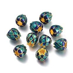 Goldener überzogener Legierung European Beads, Großloch perlen, mit Emaille, Lotus, dunkles Cyan, 9x8.5 mm, Bohrung: 3.5 mm