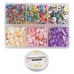 Kit de cuentas de chip de concha natural kit de fabricación de pulseras de diy, incluyendo semillas de acrílico y vidrio redondo y perlas de cáscara de viruta, hilo elástico, color mezclado, perlas de concha: 39g/set
