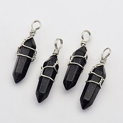 Faceted Bullet Platinum Plated Brass Gemstone Double Terminated Pointed Pendants, Synthetic Blue Goldstone, 38~42x8~9mm, Hole: 3~6mm