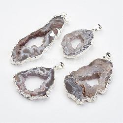 Pendenti agata Geode naturale, con accessori di ottone, pepite, colore argento placcato, 38~65x18~40x5~6mm, Foro: 5x7 mm
