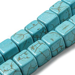 Teints perles synthétiques turquoise brins, cube, 9~10x9~10x9~10mm, Trou: 1.5mm, Environ 39~40 pcs/chapelet, 14.61~15.08 pouce (37.1~38.3 cm)