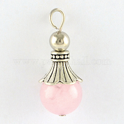 Natural Rose Quartz Pendants, with Alloy Findings, Antique Silver, Snowcone, 29.5x12.5mm, Hole: 2.5mm