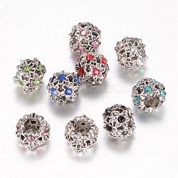 Aleación de vidrio rhinestone perlas europeas, Abalorios de grande agujero, rondelle con la flor, plata antigua, color mezclado, 11x9mm, agujero: 5 mm