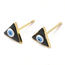 Triangle en émail avec clous d'oreilles mauvais œil, véritables bijoux en laiton plaqué 18k or véritable pour femmes, noir, 8x9mm, pin: 0.8 mm
