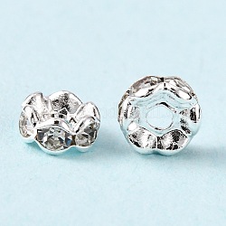 Abalorios de latón Diamante de imitación espaciador, Grado A, borde ondulado, color plateado, rerondana plana, cristal, 6x3mm, agujero: 1 mm