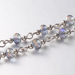 Chaînes en perles de verre facettées rondes faites main pour colliers fabrication de bracelets, avec des perles d'espacement en fer et une épingle à oeil en fer, non soudée, platine, bleu ardoise moyen, 39.3 pouce, Environ 60 pcs/chapelet