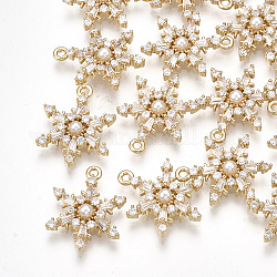 Ciondoli di zirconi in ottone, con perla in plastica imitazione abs, fiocco di neve, vero placcato oro 18k, 17x13x3mm, Foro: 1.2 mm