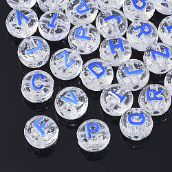 Perles acryliques transparentes, avec de la poudre de paillettes, métal enlacée, trou horizontal, plat rond avec la lettre, bleu, 10x6mm, Trou: 1.8mm, environ 1580 pcs/500 g