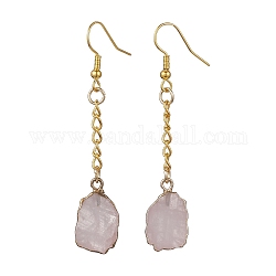 Boucles d'oreilles pendantes en quartz rose naturel, pépites, boucles d'oreilles à pampilles en chaînes de fer doré, 63x12mm