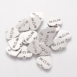 Mother's Day Theme, 304 Stainless Steel Charms, Heart with Word MOM, Stainless Steel Color, 13x14x1mm, Hole: 1.5mm
