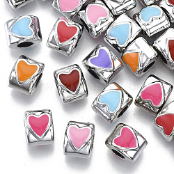 UV-Beschichtung Acryl europäischen Perlen, mit Emaille, Großloch perlen, Mischfarbe, Herz, Platin Farbe, 10x8~9x8 mm, Bohrung: 4 mm