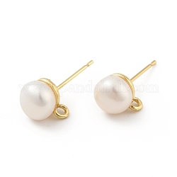Natural Pearl Stud Earrings Findings, with Brass Findings and Horizontal Loops, Round, Cadmium Free & Lead Free, Real 18K Gold Plated, 10x7.5mm, Hole: 0.6mm, Pin: 0.6mm