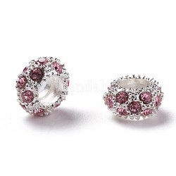Aleación Diamante de imitación abalorios europeas, Abalorios de grande agujero, rerondana plana, color plateado, rosa luz, 11x6mm, agujero: 5 mm