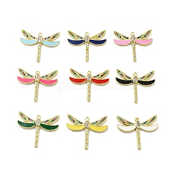 Rack Plating Brass Cubic Zirconia Pendants, with Enamel, Long-Lasting Plated, Lead Free & Cadmium Free, Real 18K Gold Plated, Dragonfly, Mixed Color, 25.5x30x3mm, Hole: 1.6mm