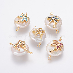 Connecteurs de liens de perles naturelles, avec accessoires zircon cubique micro pave en laiton, pépites de cocotier, or, couleur mixte, 21~27x13~16x6~8mm, Trou: 1.6mm