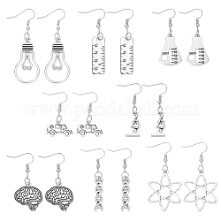 ANATTASOUL 8 Pairs 8 Style Medicine Theme Alloy Dangle Earrings for Women, Vehicle & Body & Bottle & Microscope, Antique Silver, 38~59.5mm, Pin: 0.6mm, 1 Pair/style