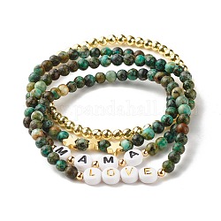 Ensemble de bracelets extensibles empilables de perles love mama pour la fête des mères, Bracelets de perles rondes en turquoise africaine naturelle (jaspe) et hématite synthétique, bracelets étoiles, or, diamètre intérieur: 2-1/4 pouce (5.7 cm), 4 pièces / kit