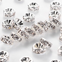 Brass Rhinestone Spacer Beads, Grade AAA, Straight Flange, Nickel Free, Silver Color Plated, Rondelle, Crystal, 8x3.8mm, Hole: 1.5mm
