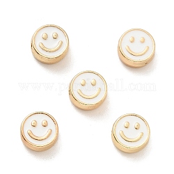 Legierung Emaille-Perlen, golden, flach rund mit lächelndem Gesicht, weiß, 8x4 mm, Bohrung: 1.6 mm