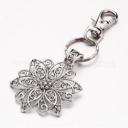 Tibetan Style Pendant Keychain, with Iron Key Clasp Findings and Alloy Swivel Clasps, Flower, Mixed Color, 120mm
