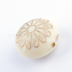 Flat Round with Flower Plating Acrylic Beads, Golden Metal Enlaced, Beige, 16x10mm, Hole: 1.5mm