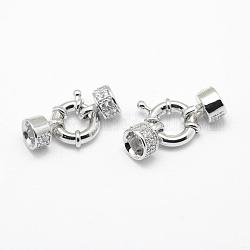 Cierres de anillo de resorte de latón, con circonio cúbico y extremos de cordón, Sin cadmio y níque y plomo, Platino real plateado, columna, 32.5mm, agujero: 7 mm