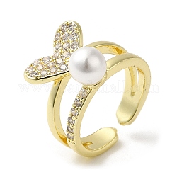 Открытое кольцо-манжета для женщин из латуни с микро-паве и цирконием в форме сердца для женщин, с пластиковой имитацией жемчуга бусинами, золотые, широк: 5~16.5 мм, внутренний диаметр: 18 мм