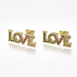 Brass Cubic Zirconia Stud Crawler Earrings, Climber Earrings, with Ear Nuts, Word LOVE, Golden, 8x19.5mm, Pin: 0.7mm