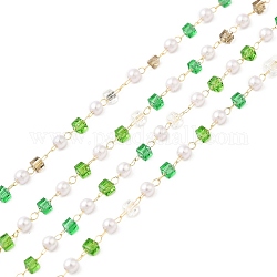 Faceted Cube Glass & ABS Plastic Imitation Pearl Beaded Chains, with Light Gold 304 Stainless Steel Findings, Soldered, Yellow Green, 4x2.5mm, 4x2.5x2.5mm