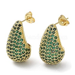 Cubic Zirconia Teardrop Stud Earrings, Real 16K Gold Plated Brass Earrings for Woman, Dark Green, 20x12mm