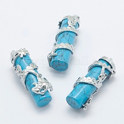 Ciondoli turchese sintetico, con accessori di ottone, colonna con drago, platino, tinto, 40.5~41.5x14x15mm, Foro: 3.5x5 mm