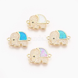 Brass Micro Pave Cubic Zirconia Links, with Synthetic Opal, Elephant, Mixed Color, Golden, 19x14x2mm, Hole: 1.6mm