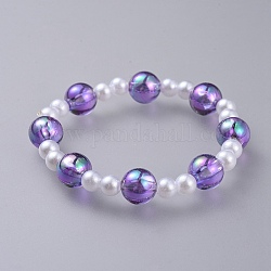 Pulseras de acrílico transparente imitación perla estiramiento niños, de abalorios de acrílico transparente, redondo, púrpura, 1-7/8 pulgada (4.7 cm)