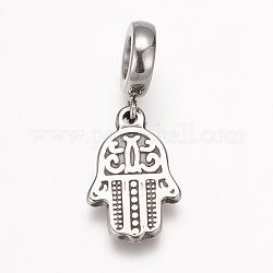 304 Stainless Steel European Dangle Charms, Large Hole Pendants, Hamsa Hand/Hand of Fatima/Hand of Miriam, Antique Silver, 28mm, Hole: 5mm, Pendant: 18x12x2mm