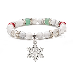 Natural Green Aventurine & Howlite & Mashan Jade Stretch Bracelet, Christmas Snowflake Alloy Charm Bracelet for Women, Colorful, Inner Diameter: 2-1/8 inch(5.3cm)
