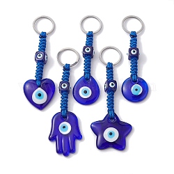 Porte-clés pendentif en lampe mauvais œil faits à la main, Anneaux doubles en 304 acier inoxydable, larme/cœur/étoile/rond plat/main de hamsa, bleu, 10.5 cm