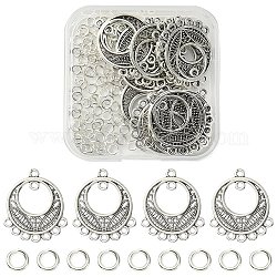 20Pcs Tibetan Style Alloy Chandelier Component Links, Flat Round, with 100Pcs Jump Rings, Antique Silver, Link: 26x22.5x1.5mm, Hole: 1.6mm