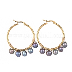 Hoop Earrings, with Natural Pearl, Copper Wire, Golden Plated 304 Stainless Steel Hoop Earrings and Cardboard Boxes, Golden, DarkSlate Blue, 41x34mm, Pin: 1.2mm