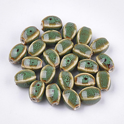 Abalorios de porcelana hechas a mano, fantasía antigua porcelana esmaltada, oval, verde lima, 12~14x9~10.5x9~11mm, agujero: 2.5 mm