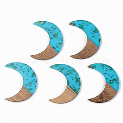 Transparent Resin & Walnut Wood Pendants, with Gold Foil, Moon, Dark Turquoise, 38x30x3mm, Hole: 2mm