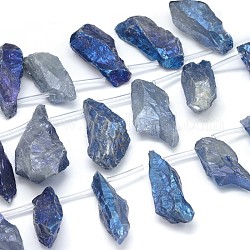 Electrolíticos de cuarzo natural de hebras pepitas de abalorios de cristal, azul chapado, 24~62x9~24x9~25mm, agujero: 1 mm, aproximamente 13~17 pcs / cadena, 14.9~15.7 pulgada